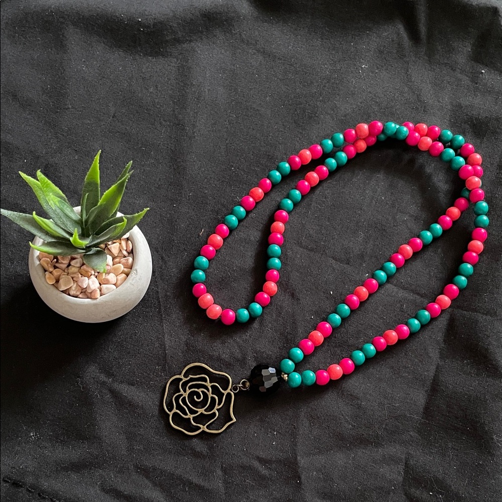 Hand assembled beaded necklace brass rose